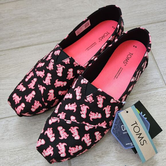 NIB TOMS Women's Pink Dinosaur Alpargata Shoes Glow in the Dark Neon T-Rex Sz 8 - Picture 2 of 10